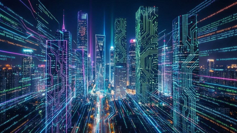 Een cyberpunkstad gebouwd van gloeiende code en data.