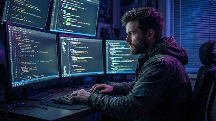 A dark, futuristic workspace with multiple monitors glowing with code.