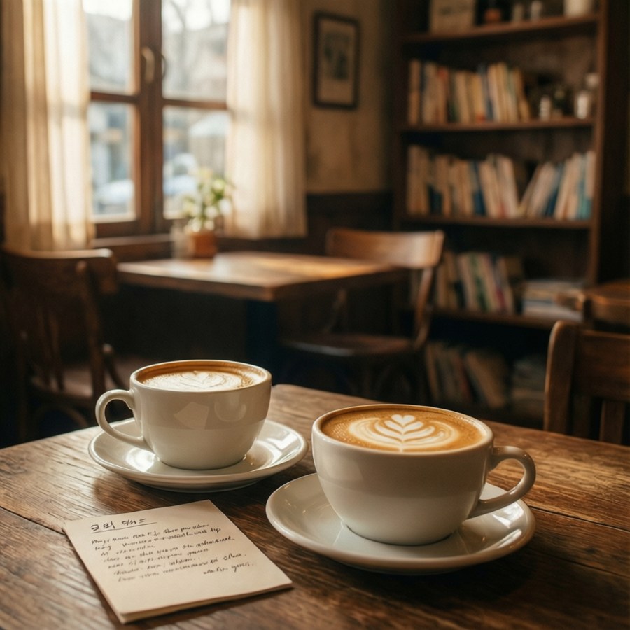 Cozy coffee shop scene with latte and note, Korean drama slice-of-life