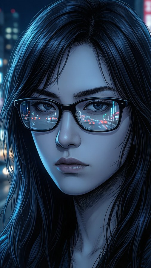 A close-up portrait of Lady Une, her glasses reflecting city lights, exuding authority.