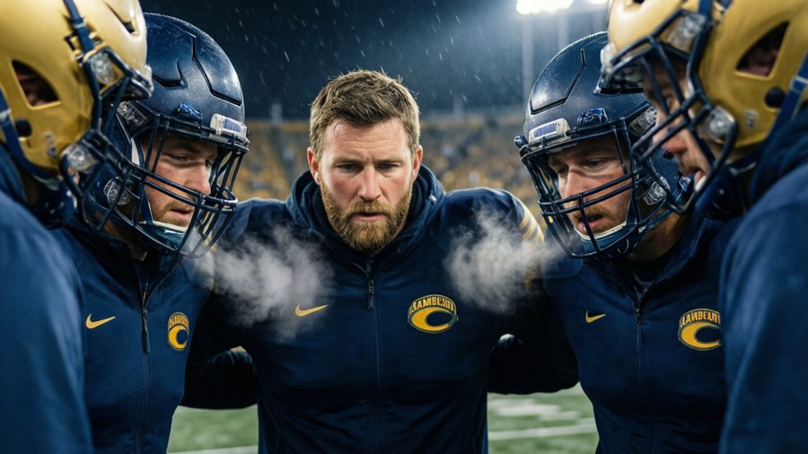Pre-game huddle with Luke Musgrave in cold Lambeau Field night, frosty breath