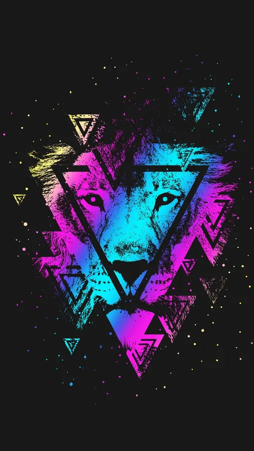 A colorful galaxy lion wallpaper with a vector art of a lion's face set against a black background.