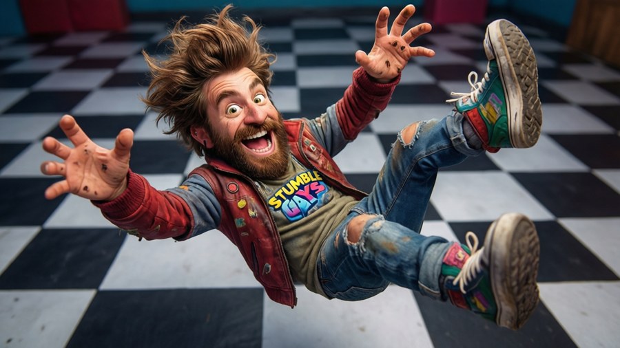 Stumble Guys character flailing mid-fall in a slapstick pose.