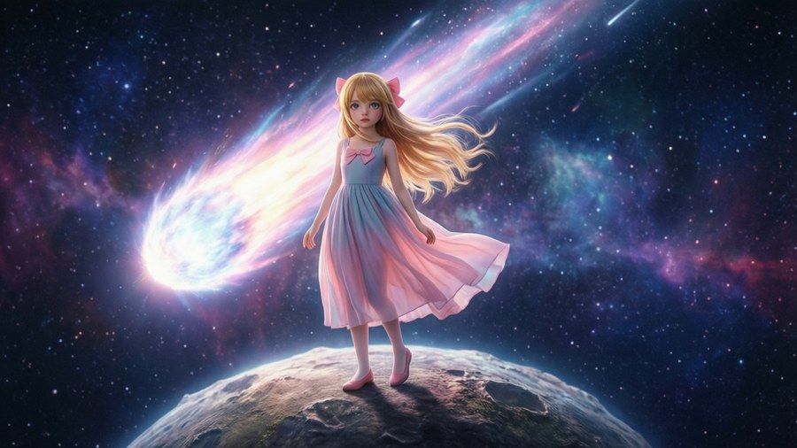 Rosalina watches a comet from her planetoid in this serene wallpaper.