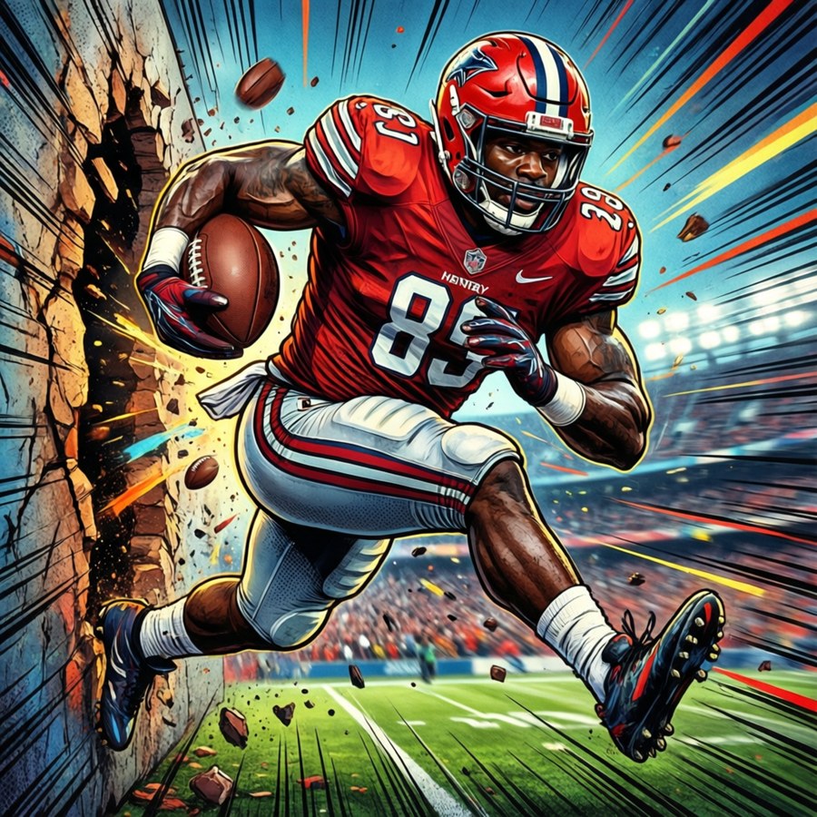 A pop art comic book style wallpaper of Derrick Henry in dynamic action.