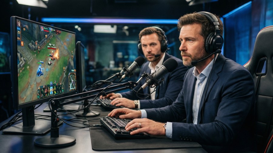 Esports commentators at desk with microphones