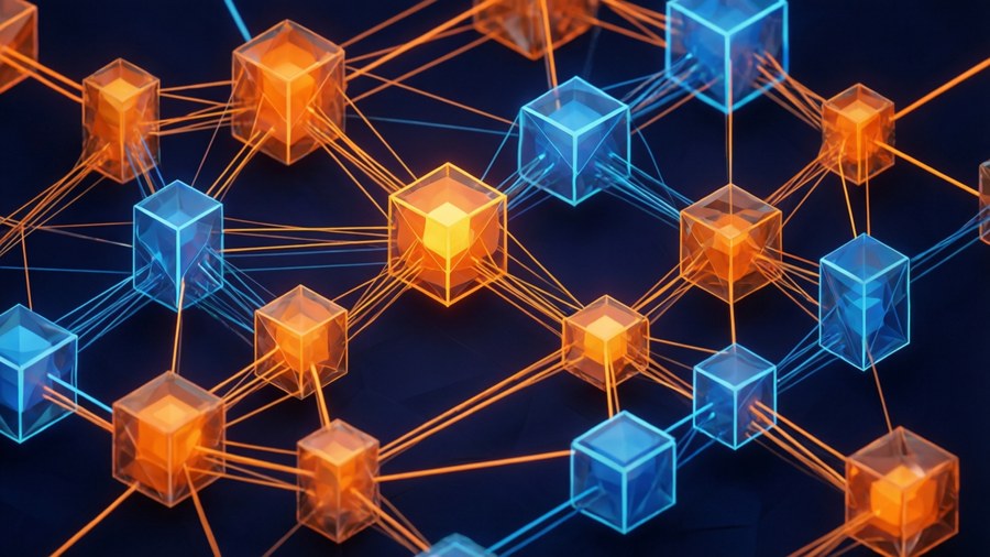 Abstract geometric network of nodes and connections in vibrant orange and blue.