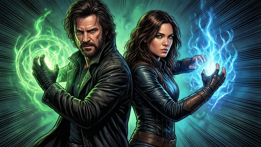 John Constantine e Sara Lance costas com costas em postura de batalha.