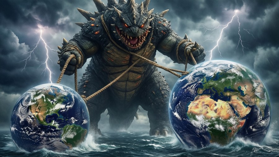 Regigigas in action, pulling landmasses across the ocean.