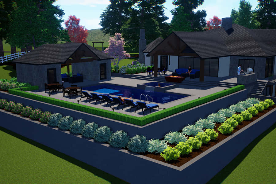Eine3D-Renderung eines Hauses mit Pool und Gartenanlage