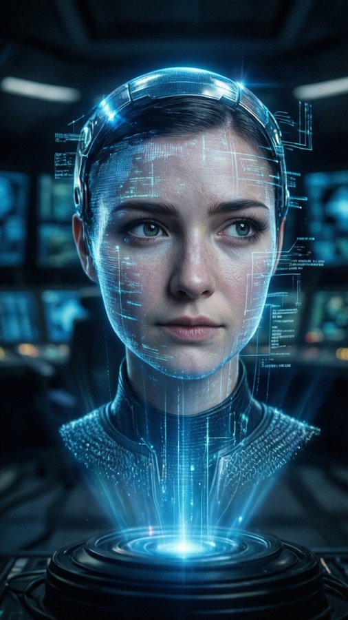 Cortana framträder som ett hologram, hennes blå sken lyser upp det mörka rummet.