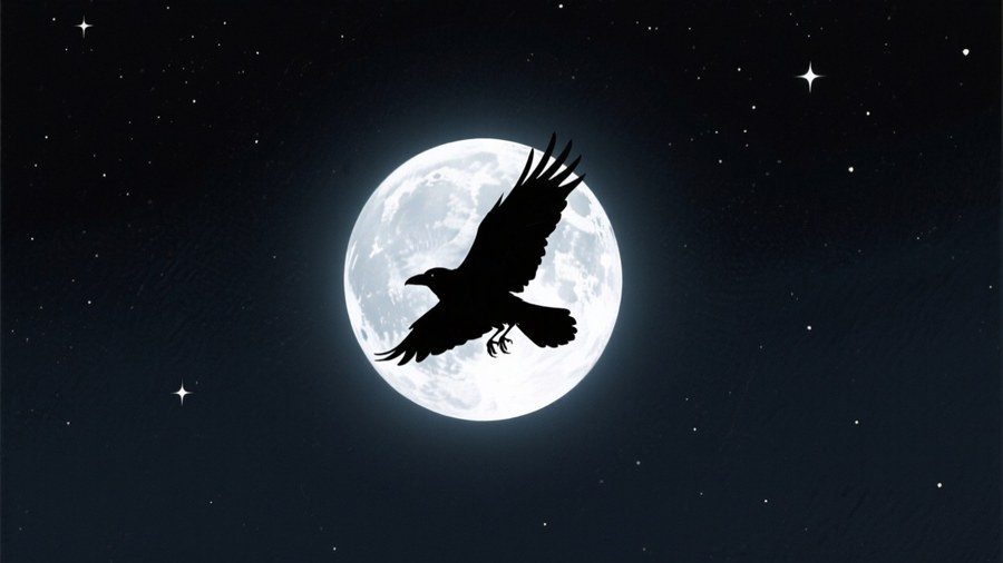 Silhueta de um corvo voando através de uma lua cheia em um céu escuro estrelado.