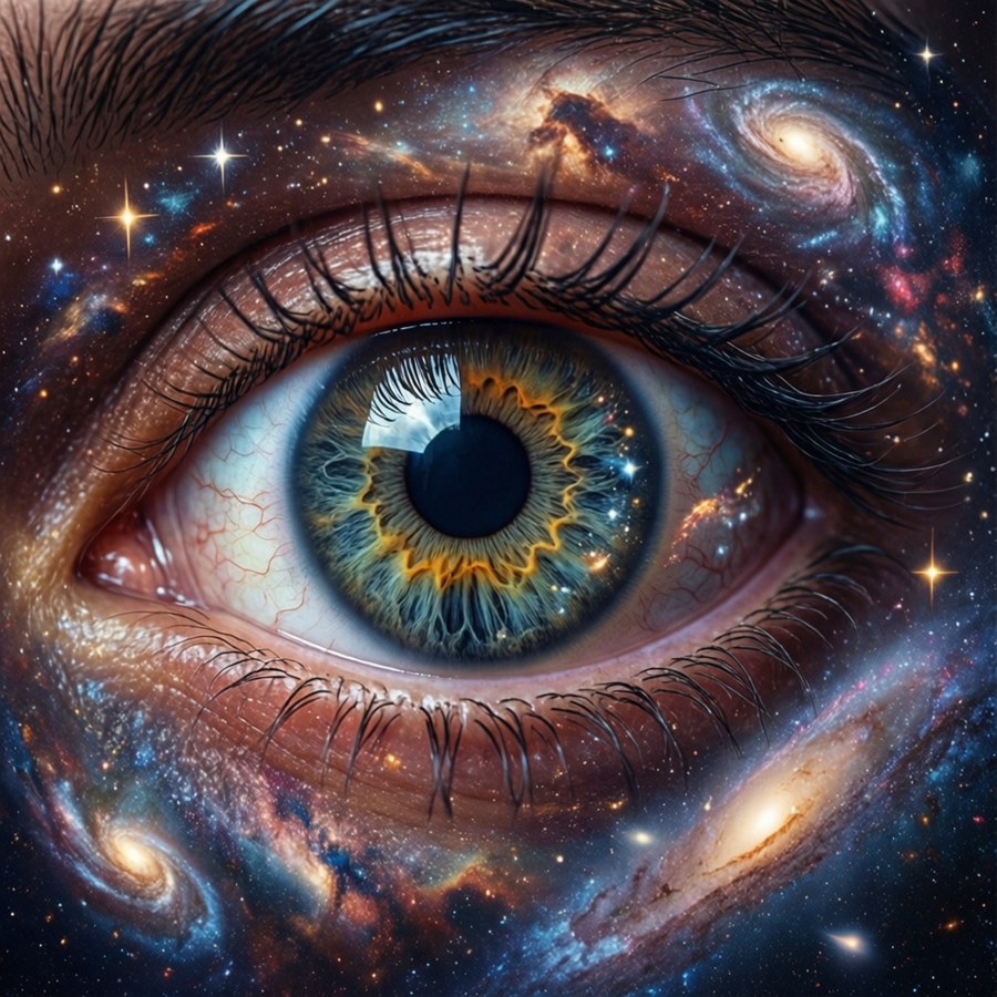 A galaxy spirals into a human eye in a cosmic macro shot.