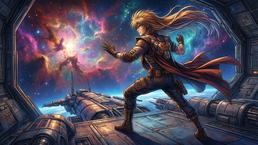 Gene Starwind on the Outlaw Star deck, gazing at a colorful nebula.
