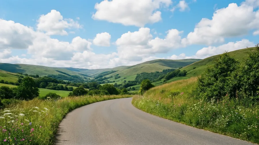 A curved road through green hills with wildflowers.