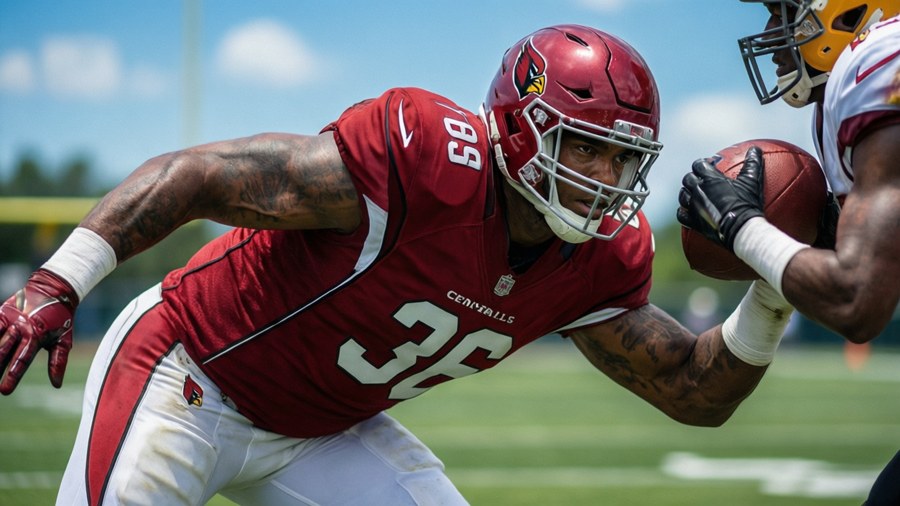 Budda Baker backpedaling in pass coverage, focused on the play.