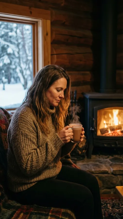 Kvinna njuter av varm choklad vid eldstaden i en snöig stuga.