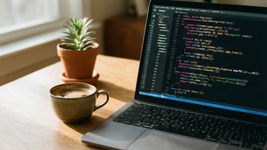 A warm and cozy wallpaper of a JavaScript developer's workspace.