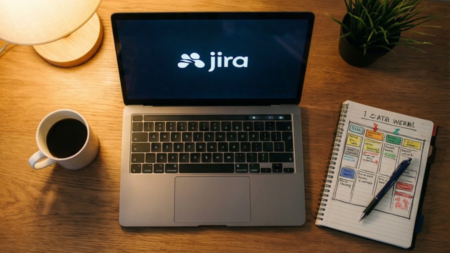 A top-down desk setup with Jira on a laptop, coffee, and planning tools.