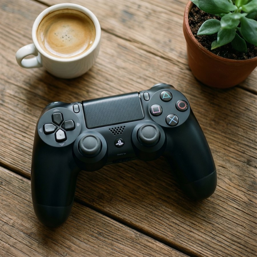 Manette de jeu noire avec tasse de café et succulente sur table en bois.