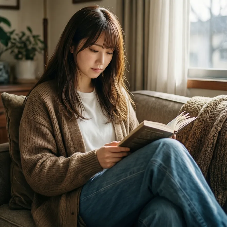 Mayuko Nise läser vid fönstret, mysig inomhus tapet