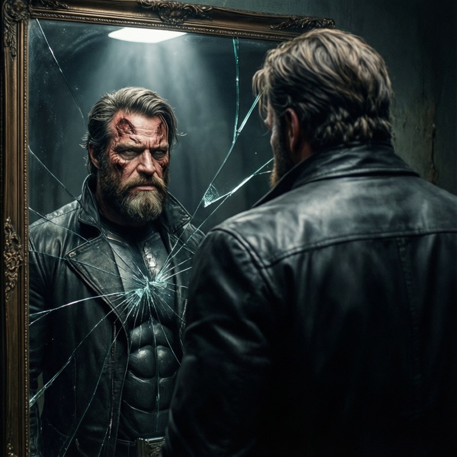 Homelander seeing his true self in a cracked mirror