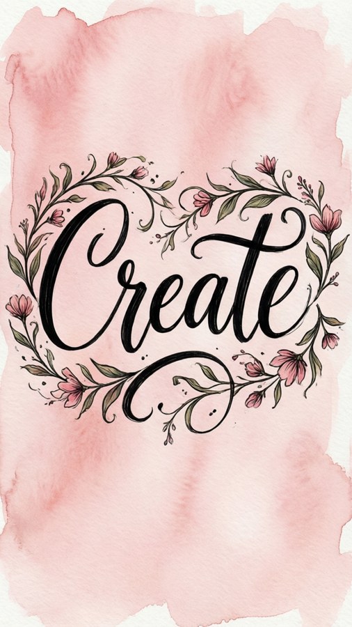 Elegante 'Criar' escrito à mão com vinhas florais sobre rosa