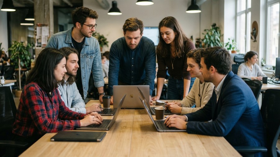 Young entrepreneurs brainstorming in a co-working space with laptops and coffee, casual professional vibe.