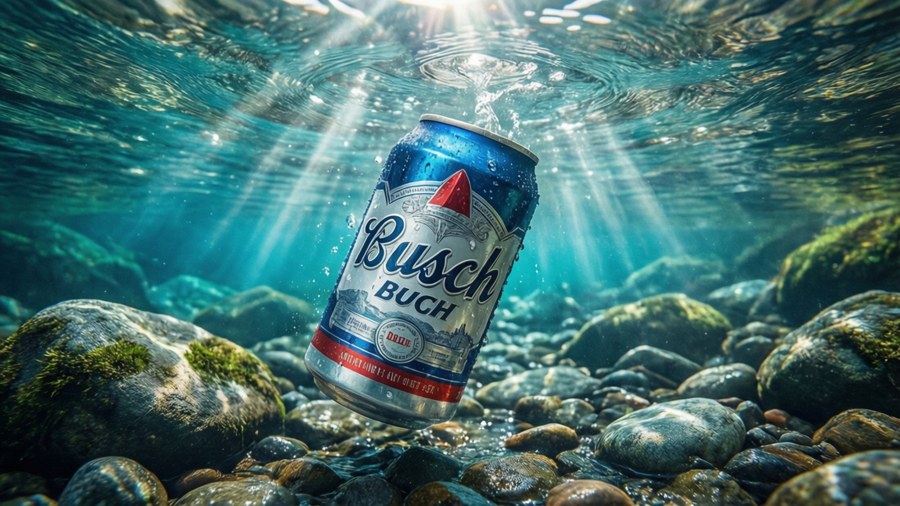 A Busch Beer can floating underwater in a clear mountain stream.