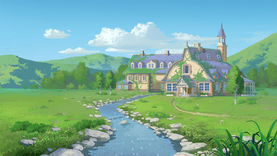 Creek house with green landscape mountain hills cartoon art wallpaper.