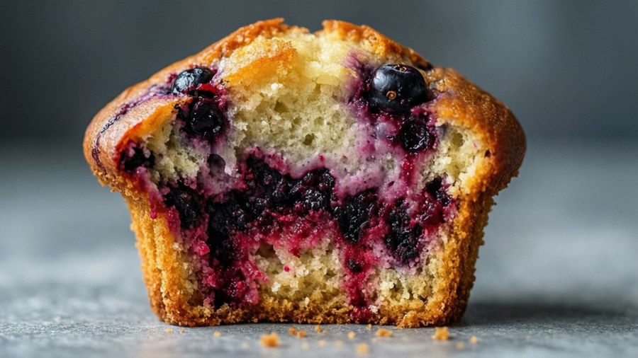 A cross-section of a muffin showing layers of berries and batter.