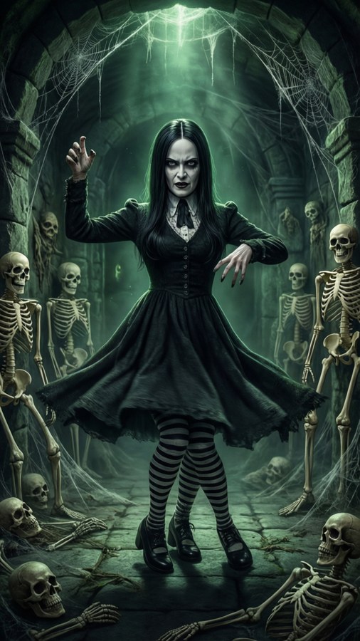 Wednesday dances in a crypt surrounded by bones and cobwebs.