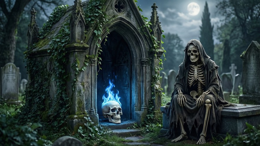 A skeleton guards an ancient cemetery crypt.