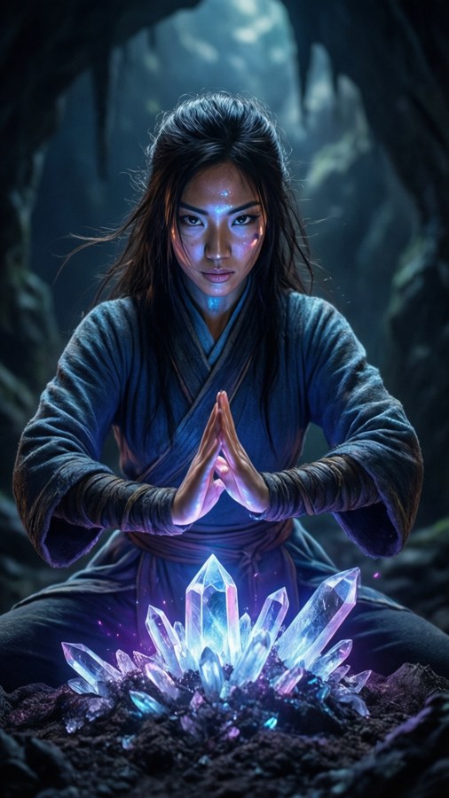 Uma mulher medita diante de cristais brilhantes em uma caverna escura.