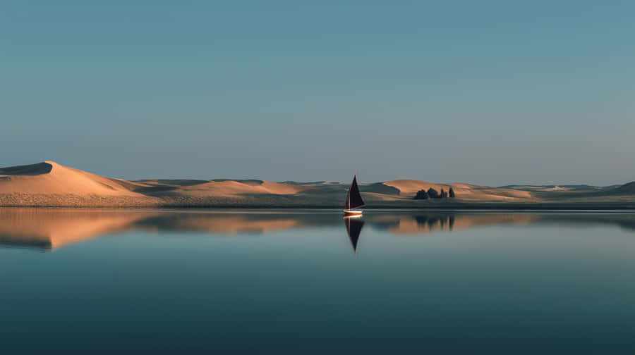 zeilboot, water, woestijn, duinen, kalm, reflectie, sereen, natuur, landschap, buiten, vredig, horizon, reizen, schilderachtig, minimalistisch