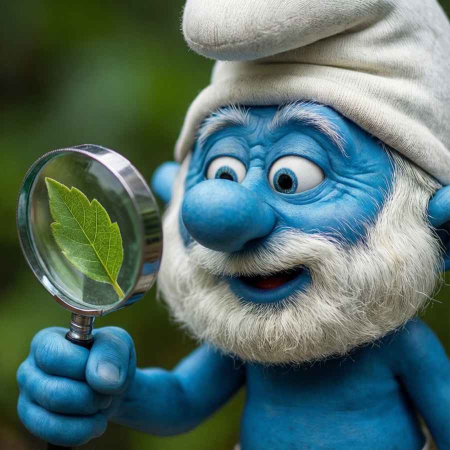 Papa Smurf examines a leaf with a magnifying glass in macro style.