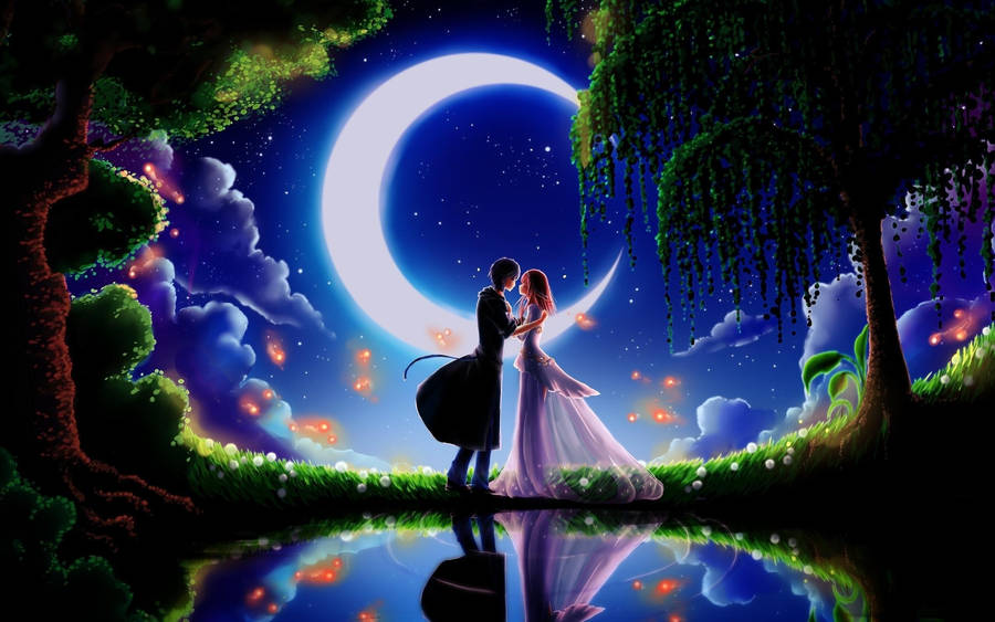 Download Cute Cartoon Couple Lake Night Wallpaper | Wallpapers.com