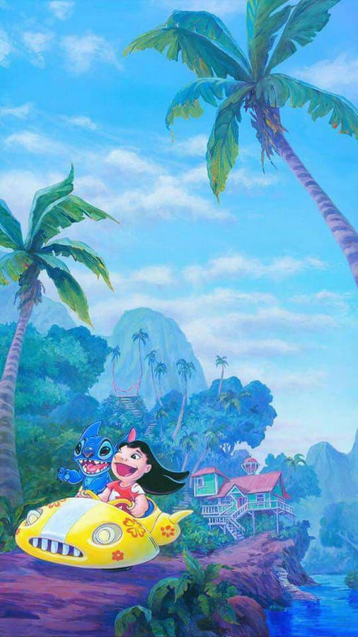 Download Cute Flying Lilo And Stitch Spacecraft Iphone Wallpaper