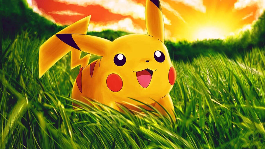 Cute Pokemon Pikachu playing on the meadows wallpaper.