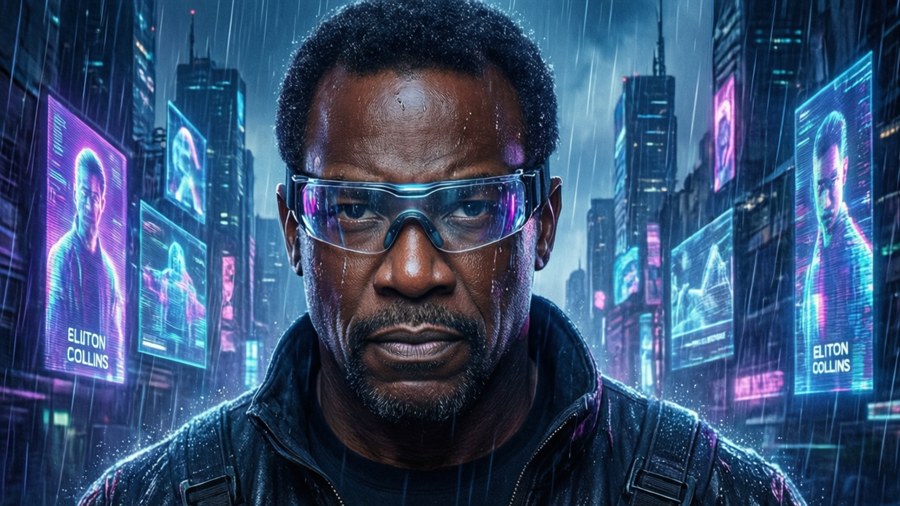 Cyberpunk cityscape with Clifton Collins Jr. in a futuristic setting.