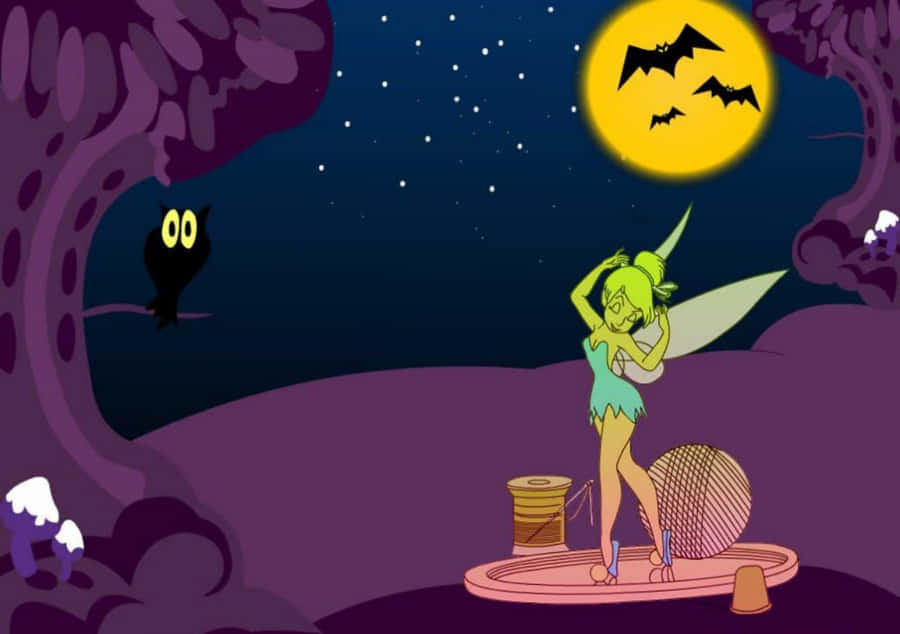 Desenhoanimado de Halloween da Tinker Bell em uma floresta assustadora.