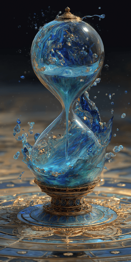 hourglass,magic,fantasy,blue sand,time,mystical,enchanted,gravity,ancient,digital art,surreal
