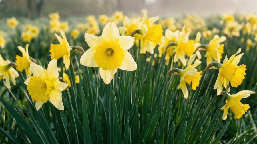 Field of yellow daffodils in spring morning.