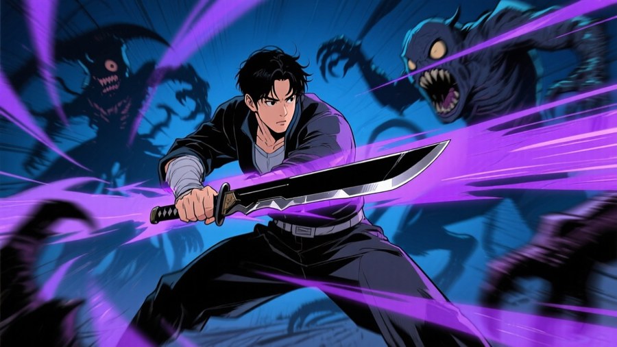 Sung Jin Woo in mid-swing with a dagger, purple slash trails.