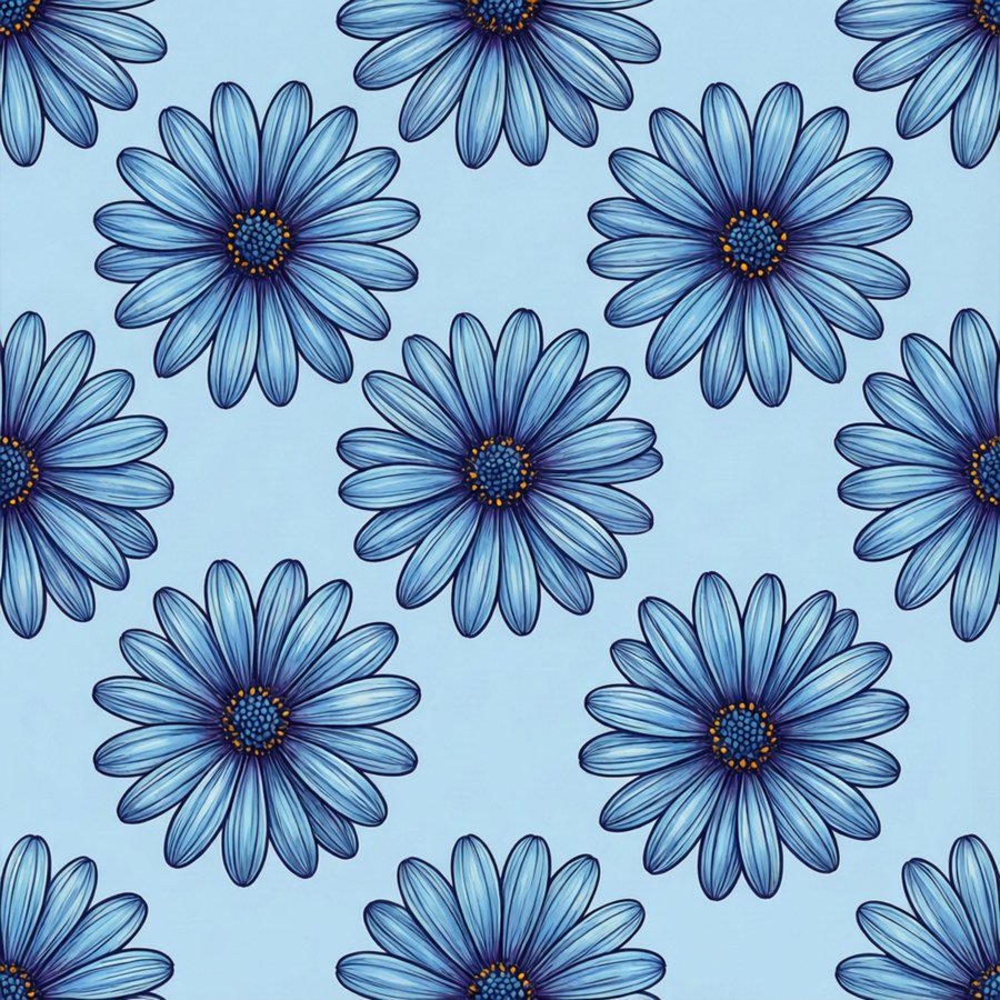Seamless pattern of blue daisies on pale blue.
