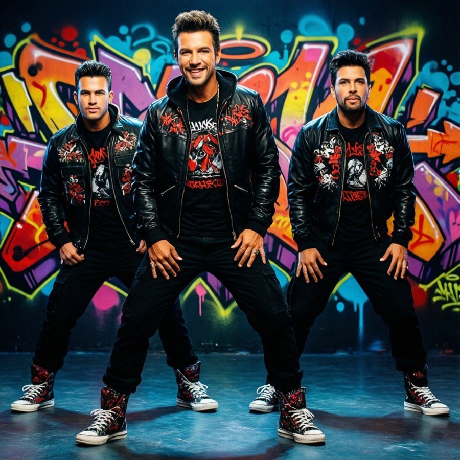 Colorful dance pose of NKOTB with graffiti wall.