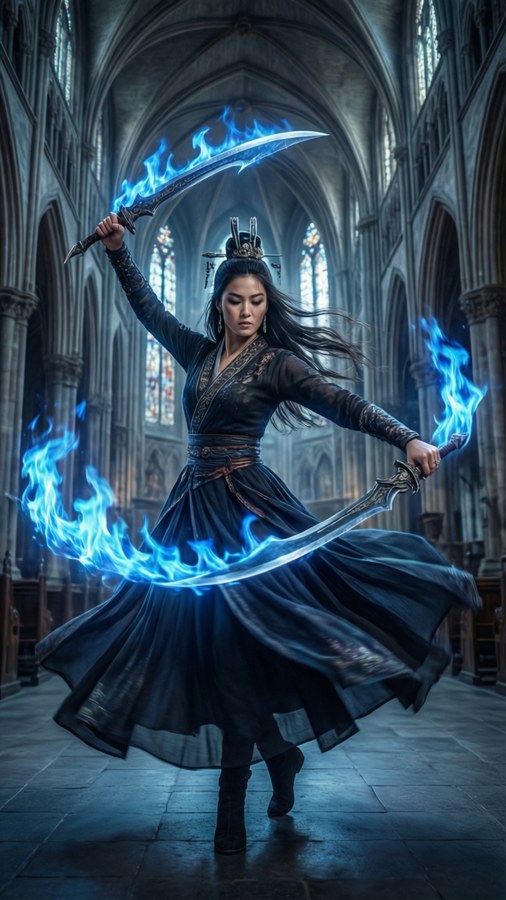 A stunning action shot of the Dancer boss from Dark Souls 3, with elegant motion and blue flames.