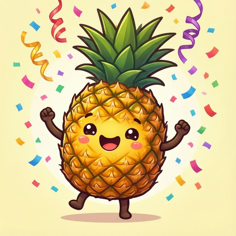 A cute dancing pineapple with confetti.