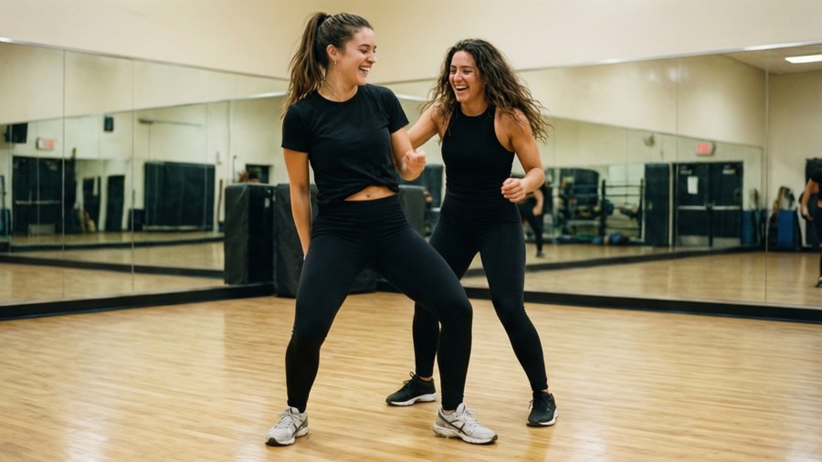 En energisk baggrund af Eleanor og Fabiola, der øver dansetrin sammen.