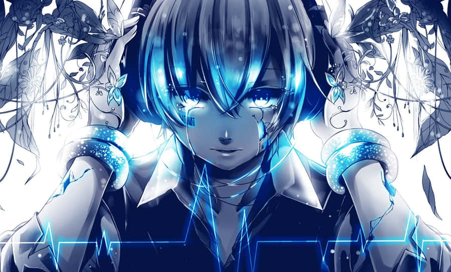 BlaueAnime-Hintergrund mit einer weinenden Hatsune Miku.